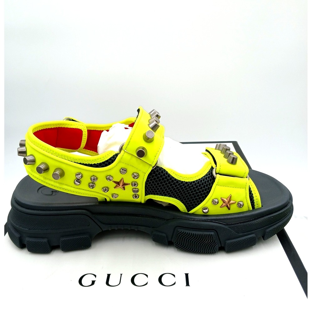 GUCCI SHOES MENS AGURU STUD‎ STAR LEATHER SANDALS YELLOW $1,150 Size 8